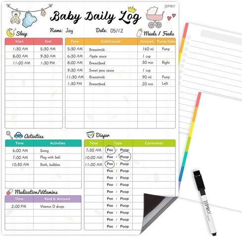 JJPRO Baby First Foods Tracker السبورة البيضاء - مغناطيس الثلاجة لتسجيل الطعام اليومي من 6 أشهر، ملصق النشاط، قائمة التحقق الجافة / مفكرتان إضافيتان - 14.5 بوصة × 11 بوصة in Kuwait
