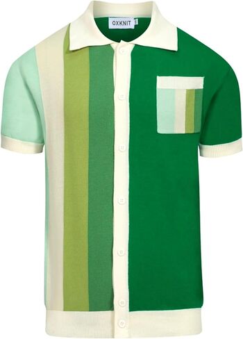 OXKNIT Men's Knitted Poloshirt, 1960s Mod Style Retro Gradient Green Stripes Cotton Cardigan Polo with Button in Saudi Arabia