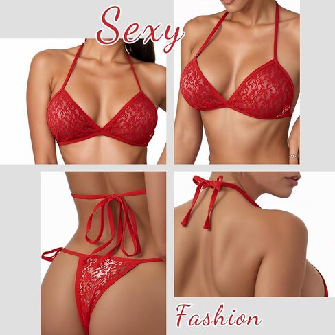 أطقم ملابس داخلية شفافة من الدانتيل للنساء، أطقم حمالة صدر ولباس داخلي مثيرة بأشرطة لملابس النساء، أحمر، مقاس موحد 2-8 in Kuwait