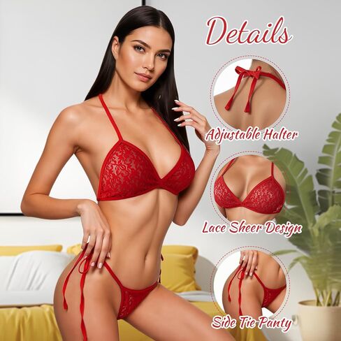 أطقم ملابس داخلية شفافة من الدانتيل للنساء، أطقم حمالة صدر ولباس داخلي مثيرة بأشرطة لملابس النساء، أحمر، مقاس موحد 2-8 in Kuwait