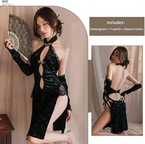 فستان لانجيري نسائي مخملي مثير من شيونغسام، ثوب نوم بفتحة عالية، بيبي دول صيني تشيباو كوسبلاي in Kuwait