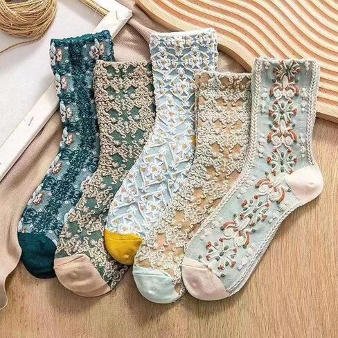 5 Pack Cute Womens Floral Socks Vintage Embroidered Frilly Floral Ankle Cotton Country Style Socks in Saudi Arabia