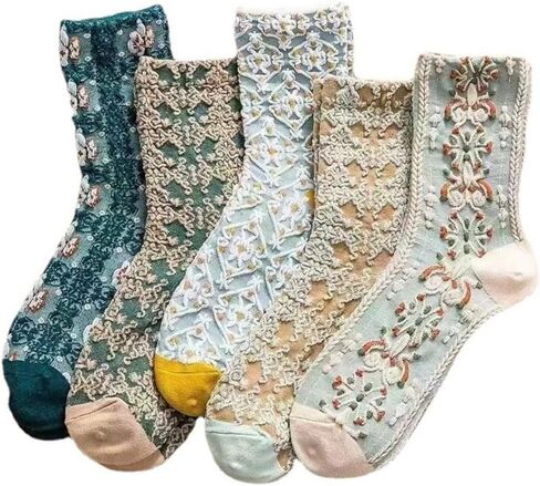 5 Pack Cute Womens Floral Socks Vintage Embroidered Frilly Floral Ankle Cotton Country Style Socks in Saudi Arabia