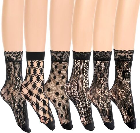 6 أزواج من جوارب الكاحل من الدانتيل للنساء، جوارب دانتيل سوداء أنيقة شبكة صيد السمك جورب الكاحل أسود مثير جورب شبكي مجوف للنساء in Kuwait