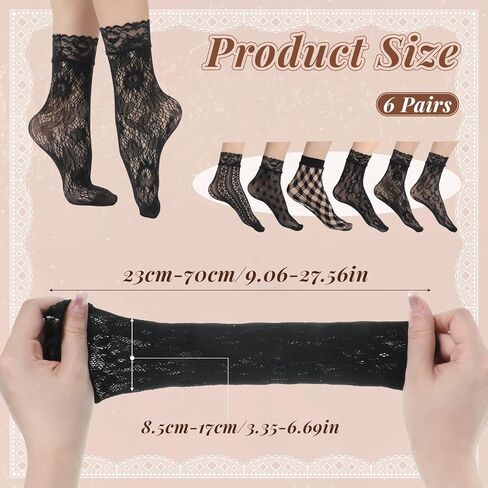 6 أزواج من جوارب الكاحل من الدانتيل للنساء، جوارب دانتيل سوداء أنيقة شبكة صيد السمك جورب الكاحل أسود مثير جورب شبكي مجوف للنساء in Kuwait