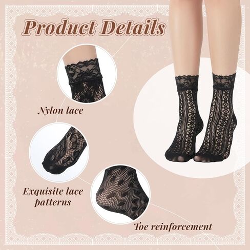 6 أزواج من جوارب الكاحل من الدانتيل للنساء، جوارب دانتيل سوداء أنيقة شبكة صيد السمك جورب الكاحل أسود مثير جورب شبكي مجوف للنساء in Kuwait