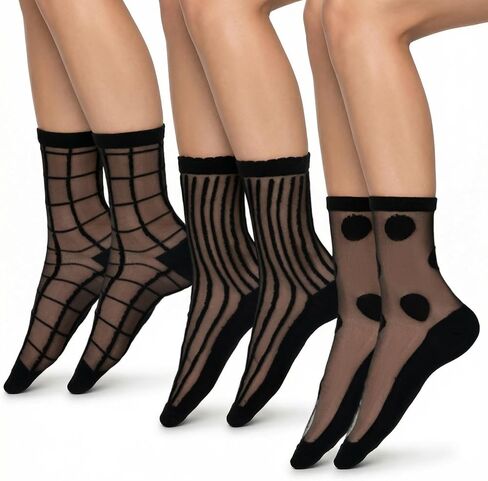 3 Pairs Black Sheer Socks Women Ankle, Women Sheer Ankle Socks Polka Dot Dress Sock See Through Sock,Dots, Stripes and Geometric,Summer in Kuwait