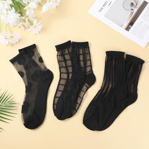 3 Pairs Black Sheer Socks Women Ankle, Women Sheer Ankle Socks Polka Dot Dress Sock See Through Sock,Dots, Stripes and Geometric,Summer in Kuwait