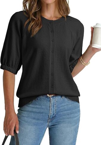Dokotoo Women's Summer Casual Puff Short Sleeve Cardigan Sweaters Lightweight Soft Crewneck Button Down Knit Sweater Tops in Saudi Arabia