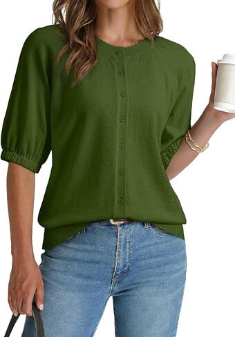 Dokotoo Women's Summer Casual Puff Short Sleeve Cardigan Sweaters Lightweight Soft Crewneck Button Down Knit Sweater Tops in Saudi Arabia