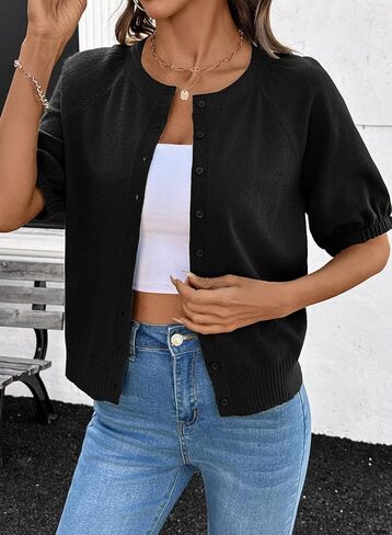 Dokotoo Women's Summer Casual Puff Short Sleeve Cardigan Sweaters Lightweight Soft Crewneck Button Down Knit Sweater Tops in Saudi Arabia