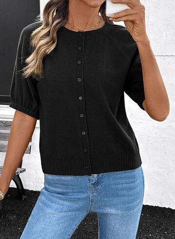 Dokotoo Women's Summer Casual Puff Short Sleeve Cardigan Sweaters Lightweight Soft Crewneck Button Down Knit Sweater Tops in Saudi Arabia
