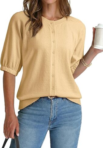 Dokotoo Women's Summer Casual Puff Short Sleeve Cardigan Sweaters Lightweight Soft Crewneck Button Down Knit Sweater Tops in Saudi Arabia