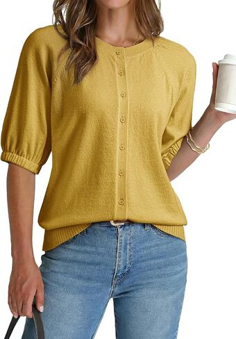 Dokotoo Women's Summer Casual Puff Short Sleeve Cardigan Sweaters Lightweight Soft Crewneck Button Down Knit Sweater Tops in Saudi Arabia