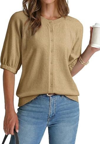 Dokotoo Women's Summer Casual Puff Short Sleeve Cardigan Sweaters Lightweight Soft Crewneck Button Down Knit Sweater Tops in Saudi Arabia
