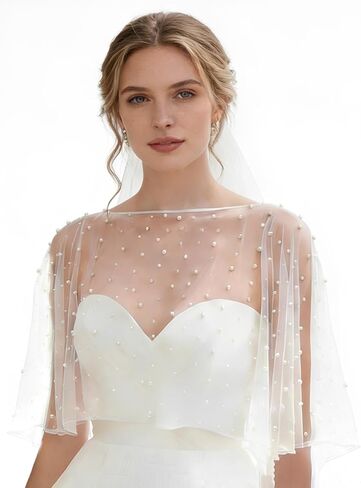 Pearl Shawl Wrap Shrug Wedding White Satin Edge Cape Elegant Tulle Sheer Bridal Bride Scarf Capelets Lace Dress Cover up Evening for Women in Kuwait