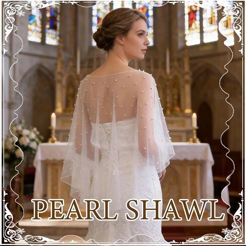 Pearl Shawl Wrap Shrug Wedding White Satin Edge Cape Elegant Tulle Sheer Bridal Bride Scarf Capelets Lace Dress Cover up Evening for Women in Kuwait