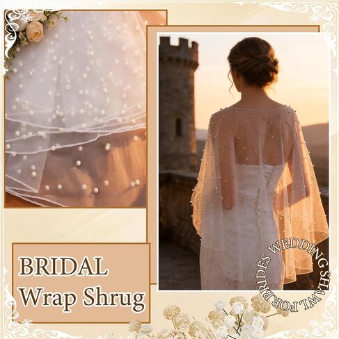 Pearl Shawl Wrap Shrug Wedding White Satin Edge Cape Elegant Tulle Sheer Bridal Bride Scarf Capelets Lace Dress Cover up Evening for Women in Kuwait