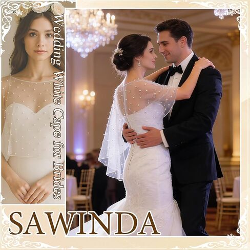 Pearl Shawl Wrap Shrug Wedding White Satin Edge Cape Elegant Tulle Sheer Bridal Bride Scarf Capelets Lace Dress Cover up Evening for Women in Kuwait