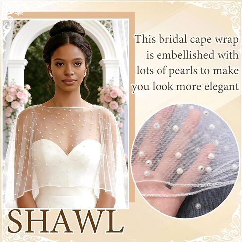 Pearl Shawl Wrap Shrug Wedding White Satin Edge Cape Elegant Tulle Sheer Bridal Bride Scarf Capelets Lace Dress Cover up Evening for Women in Kuwait