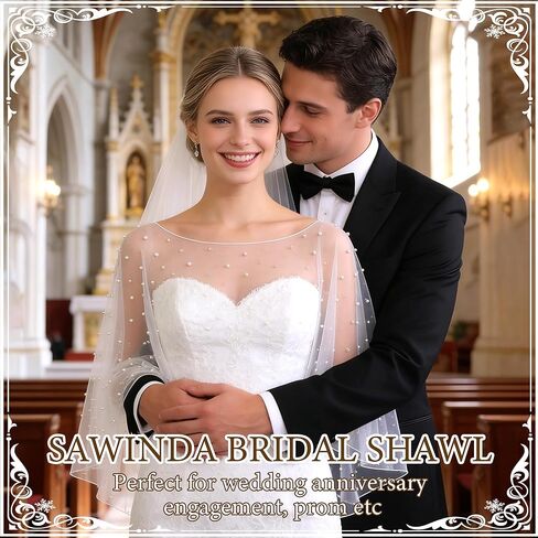 Pearl Shawl Wrap Shrug Wedding White Satin Edge Cape Elegant Tulle Sheer Bridal Bride Scarf Capelets Lace Dress Cover up Evening for Women in Kuwait