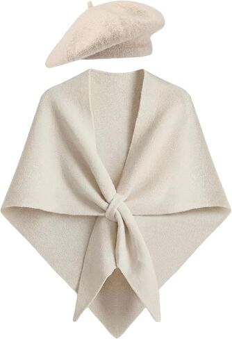 2 Pcs Women Triangle Shawl Wrap with French Beret Hat Soft Knitted Open Front Ponchos Sweater for Evening Dress in Kuwait