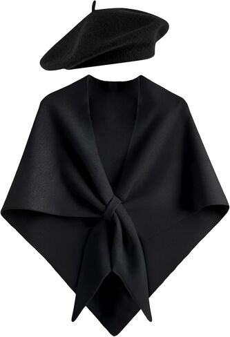 2 Pcs Women Triangle Shawl Wrap with French Beret Hat Soft Knitted Open Front Ponchos Sweater for Evening Dress in Saudi Arabia