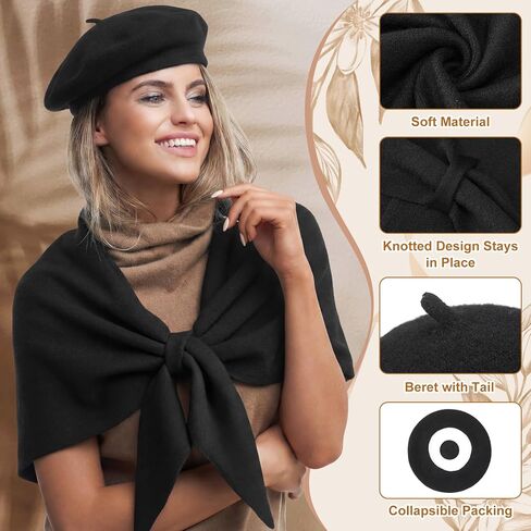 2 Pcs Women Triangle Shawl Wrap with French Beret Hat Soft Knitted Open Front Ponchos Sweater for Evening Dress in Saudi Arabia