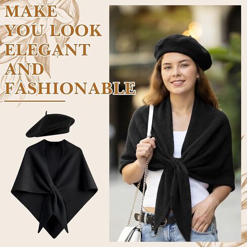 2 Pcs Women Triangle Shawl Wrap with French Beret Hat Soft Knitted Open Front Ponchos Sweater for Evening Dress in Saudi Arabia