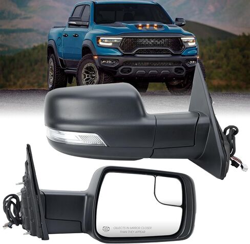 Left Driver Side Mirror Compatible with Ram 1500 2019-2025 Power Folding/Temperature Sensor/Heated/with Turn Signal/Puddle Light/Power Glass Texture Black (14 pins) in Kuwait