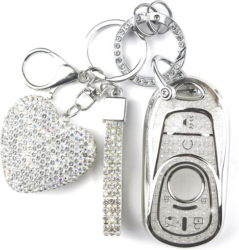 Key Fob Cover with Diamond Keychain Car Key Holder Case Compatible with Buick GX Enclave Encore LaCrosse Regal Envision Tourx GL8 Smart Remote Key Protector for Women, 6 Buttons (White-Heart) in Saudi Arabia