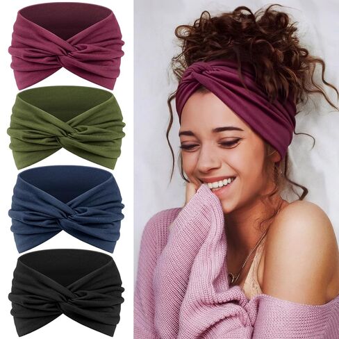 Headbands for Women's Hair, Wide Hair bands – 4 Pcs Vintage Turban Elastic Soft Head Wraps Knotted for Yoga & Workout – Summer Cute Fashion Hair Accessories（Boho） in Saudi Arabia