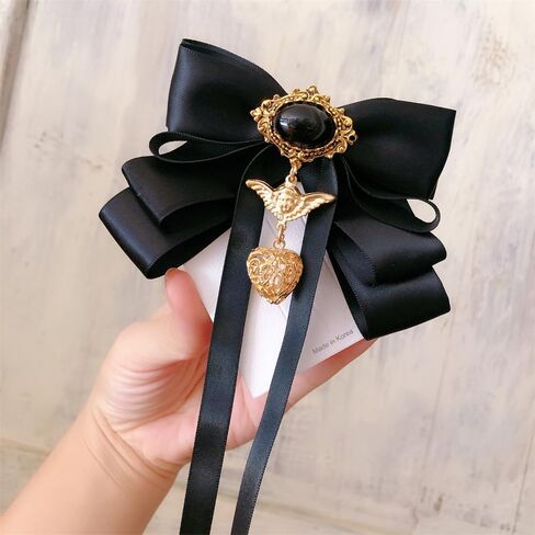 Vintage Bow Pre-Tied Brooch for Women Girls Gothic Oval Stone Love Heart Angel Charms Drop Layer Bow Tie Brooches Lapel Pins Elegant Corsage Collar Ceremony Halloween Party Accessories Gift in Saudi Arabia