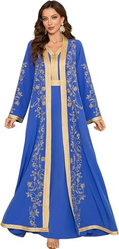 Embroidery Abayas for Women Muslim Moroccan Floral Maxi Kaftan Dress Arabic Islamic Dubai Robe Ramadan Prayer Clothes in Saudi Arabia