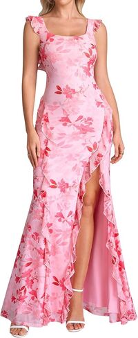 Parthea Women's Floral Square Neck Maxi Dress Sleeveless Ruffle Hem Bodycon Split Party Beach Wedding Guest Dress in Kuwait