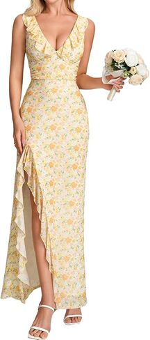 Parthea Women's Floral Ruffle Deep V Neck Maxi Dress Sleeveless High Split Hem Mesh Formal Wedding Guest Dress in Kuwait
