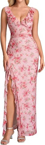 Parthea Women's Floral Ruffle Deep V Neck Maxi Dress Sleeveless High Split Hem Mesh Formal Wedding Guest Dress in Saudi Arabia