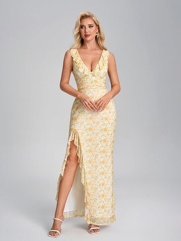 Parthea Women's Floral Ruffle Deep V Neck Maxi Dress Sleeveless High Split Hem Mesh Formal Wedding Guest Dress in Saudi Arabia