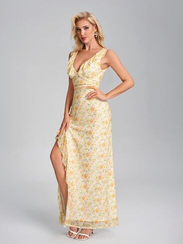 Parthea Women's Floral Ruffle Deep V Neck Maxi Dress Sleeveless High Split Hem Mesh Formal Wedding Guest Dress in Saudi Arabia