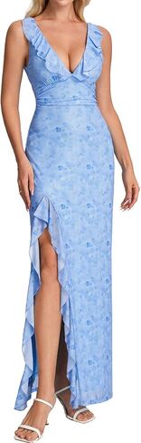 Parthea Women's Floral Ruffle Deep V Neck Maxi Dress Sleeveless High Split Hem Mesh Formal Wedding Guest Dress in Saudi Arabia