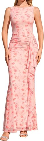 XinFSh Women's Ruffle Wedding Guest Maxi Dress Floral Ruched Bodycon Long Formal Cocktail Party Dresses in Saudi Arabia