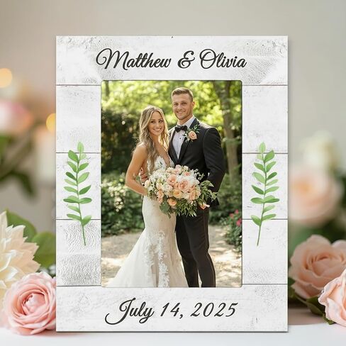 Personalized Wedding Picture Frame – Custom Names and Date – Distressed Rustic White Shiplap Style Wood Photo Frame – Bridal Shower Gift for Bride, Wedding Gift for Couples, Engagement Party Personalized Photo Frame - 5x7 Vertical in Saudi Arabia