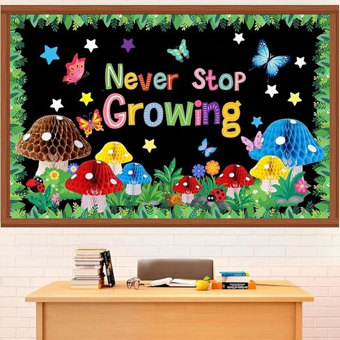 Pajean Spring Bulletin Board Decoration Set with 3D Mushroom Honeycomb Balls Never Stop Growing Classroom Inspirational Bulletin Board for Motivational Office Classroom Chalkboard Wall Decor Supplies in Saudi Arabia