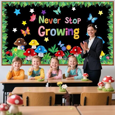 Pajean Spring Bulletin Board Decoration Set with 3D Mushroom Honeycomb Balls Never Stop Growing Classroom Inspirational Bulletin Board for Motivational Office Classroom Chalkboard Wall Decor Supplies in Saudi Arabia