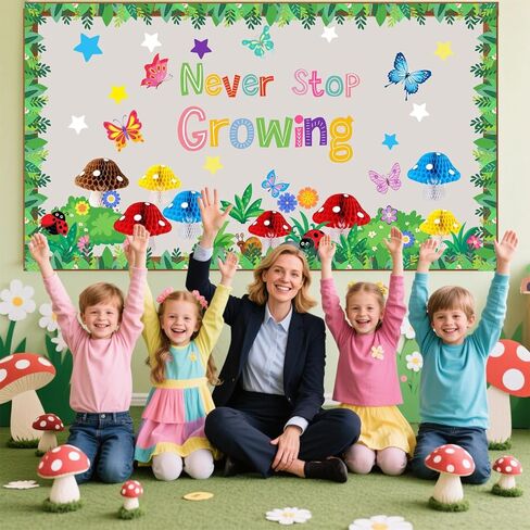 Pajean Spring Bulletin Board Decoration Set with 3D Mushroom Honeycomb Balls Never Stop Growing Classroom Inspirational Bulletin Board for Motivational Office Classroom Chalkboard Wall Decor Supplies in Saudi Arabia