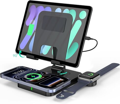 محطة شحن لاسلكية لأجهزة متعددة Apple، شاحن Magsafe لهاتف iPhone 15 Pro Max/14/13/12، شاحن ساعة قابل للطي لساعة Apple Watch 9، محطة شحن iPad دوارة مع محول 45 وات in Kuwait