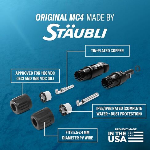 Staubli MC4 موصلات الألواح الشمسية للذكور والإناث (10 أزواج) - للكابل الكهروضوئي، صنع في الولايات المتحدة الأمريكية in Saudi Arabia