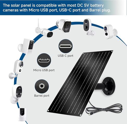 12W High-Power Solar Panel for Security Camera, 5V USB-C Solar Charger with Micro USB & Barrel Adapters, Outdoor Weatherproof for Continuous Home and Property Monitoring in Kuwait
