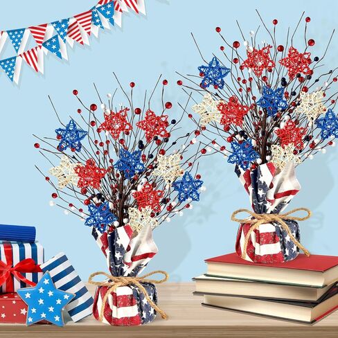 2 Pcs 4th of July Artificial Tree Tabletop Decor Patriotic Tree Red Blue White Artificial Berry Stem Picks Star Shaped Rattan Balls America Flag Cotton Base Farmhouse Tree for Independence Day in Kuwait