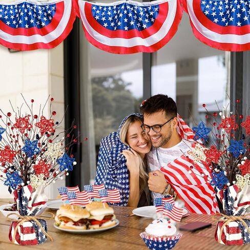 2 Pcs 4th of July Artificial Tree Tabletop Decor Patriotic Tree Red Blue White Artificial Berry Stem Picks Star Shaped Rattan Balls America Flag Cotton Base Farmhouse Tree for Independence Day in Kuwait